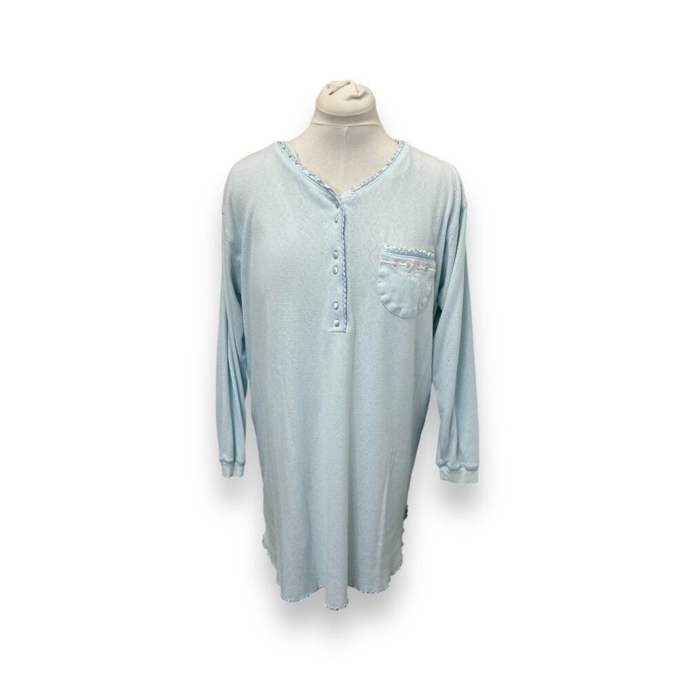 VTG Amanda Stewart Intimates Light Blue Nightgown Long Sleeve Floral Pocket Lrg